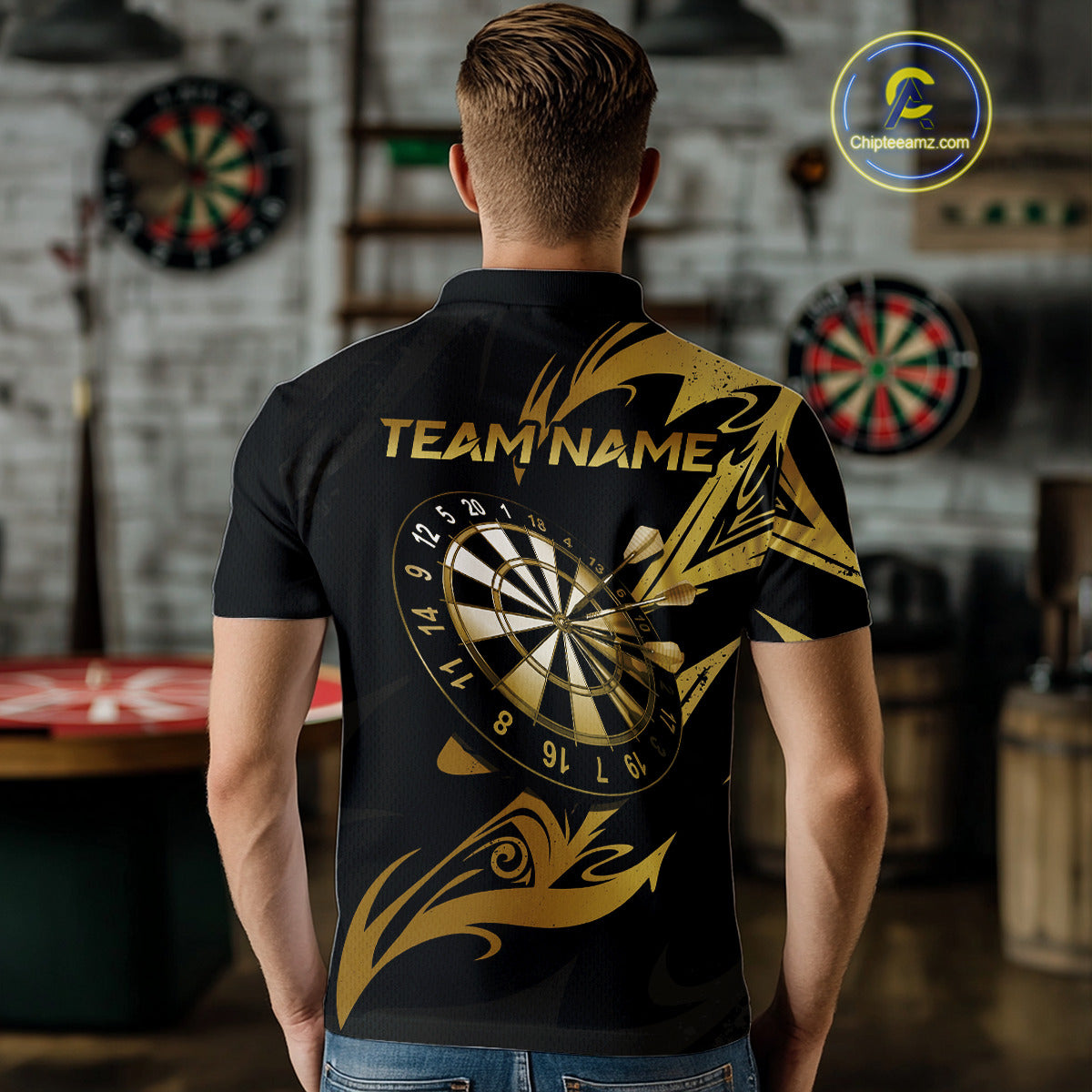 Black And Gold Dartboard Tribal Darts Polo & 1/4 Zip Custom Darts Shirt For Men, Darts Team Jersey TDM5366