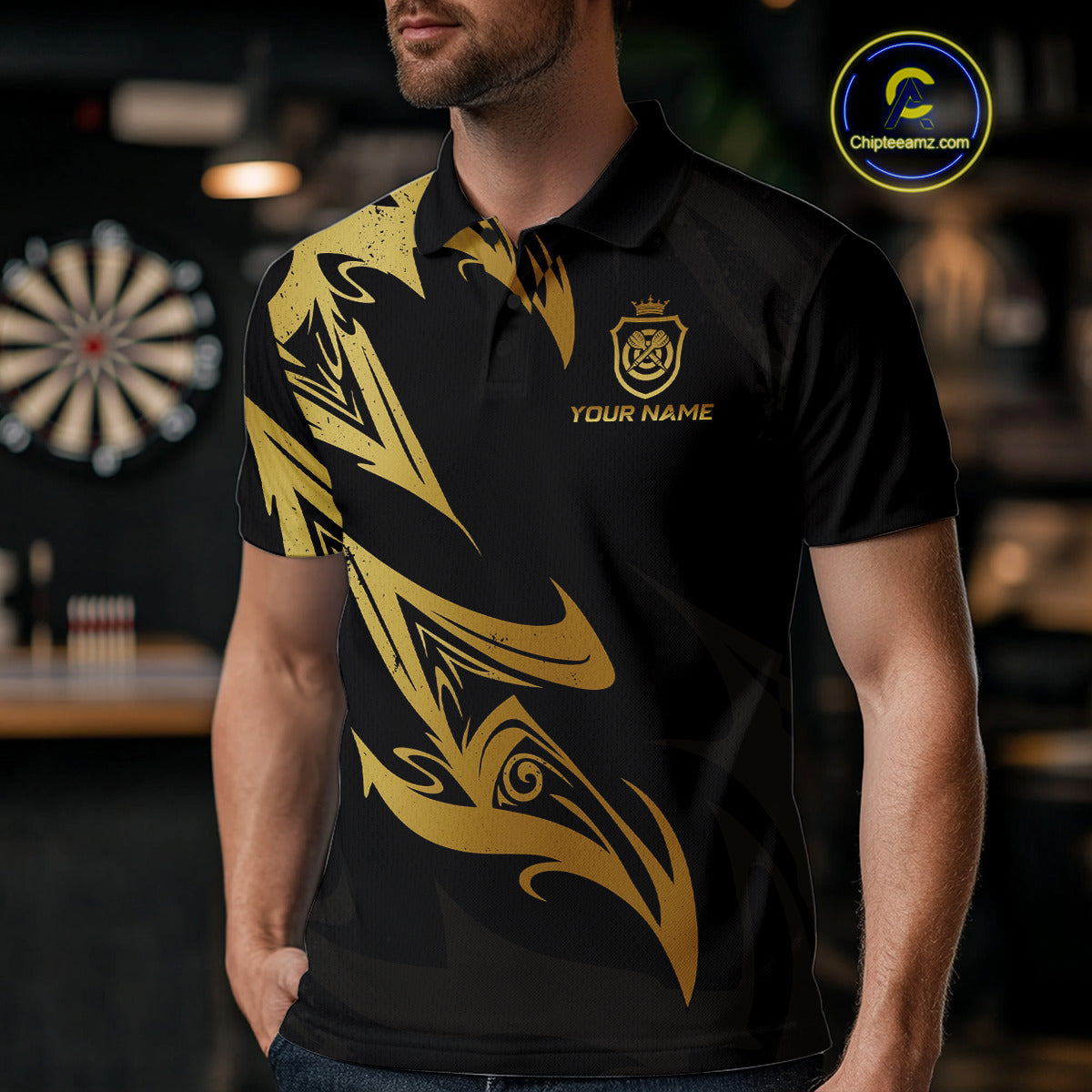 Black And Gold Dartboard Tribal Darts Polo & 1/4 Zip Custom Darts Shirt For Men, Darts Team Jersey TDM5366