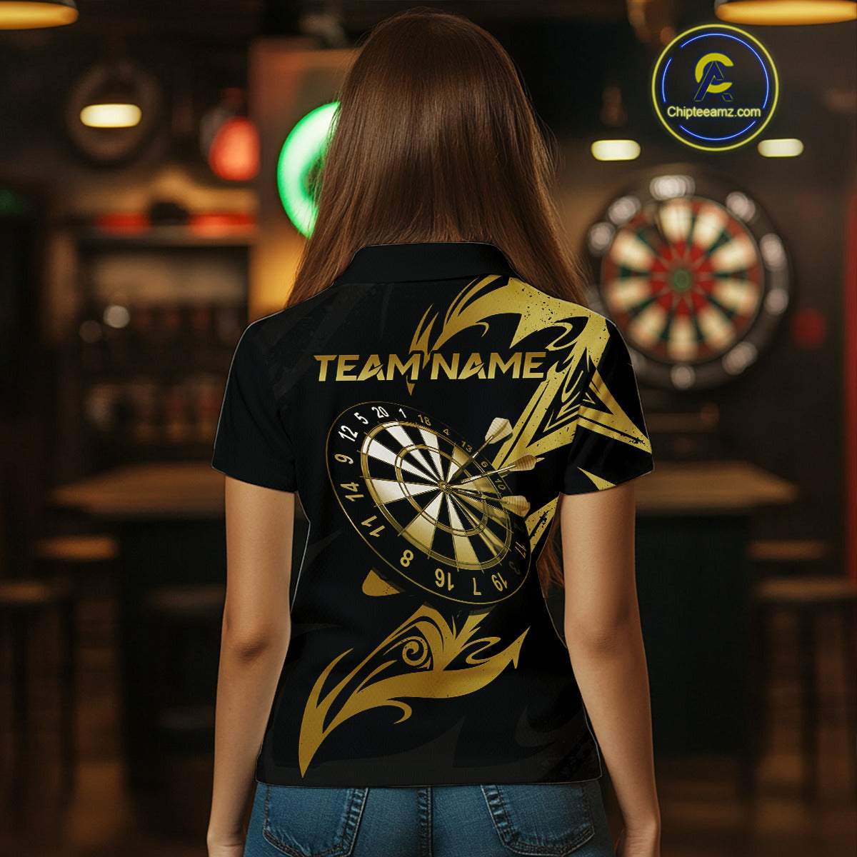 Black And Gold Dartboard Tribal Darts Polo & 1/4 Zip Custom Darts Shirt For Women, Darts Team Jersey TDM5366