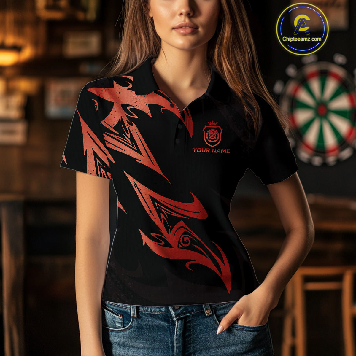 Black And Red Dartboard Tribal Darts Polo & 1/4 Zip Custom Darts Shirt For Women, Darts Team Jersey TDM5367