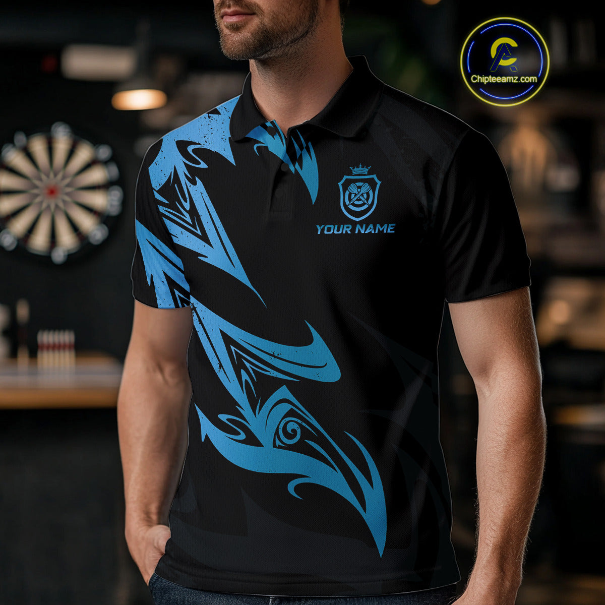 Black And Blue Dartboard Tribal Darts Polo & 1/4 Zip Custom Darts Shirt For Men, Darts Jersey TDM5368