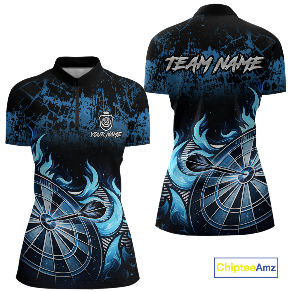 Black And Blue Dartboard Tribal Flame Darts Polo & 1/4 Zip For Women Custom Darts Team Jersey TDM6013