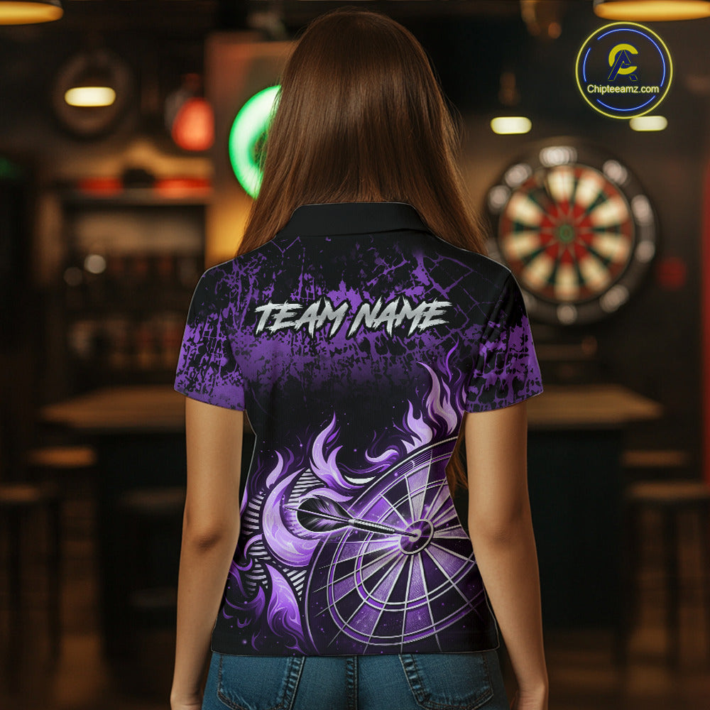 Black And Purple Dartboard Tribal Flame Darts Polo & 1/4 Zip For Women Custom Darts Team Jersey TDM6014
