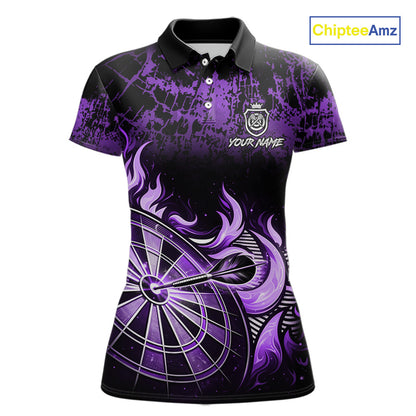 Black And Purple Dartboard Tribal Flame Darts Polo & 1/4 Zip For Women Custom Darts Team Jersey TDM6014