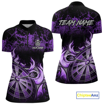 Black And Purple Dartboard Tribal Flame Darts Polo & 1/4 Zip For Women Custom Darts Team Jersey TDM6014