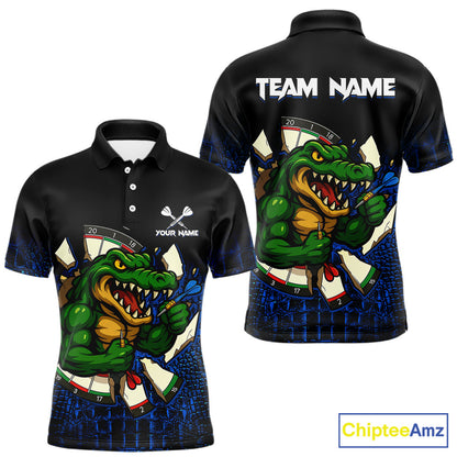 Custom Black and Blue Funny Alligator Darts Polo Shirt for Men Designed for Personalized Darts Team Jerseys with Premium Athletic Performance and Creative Character Graphics