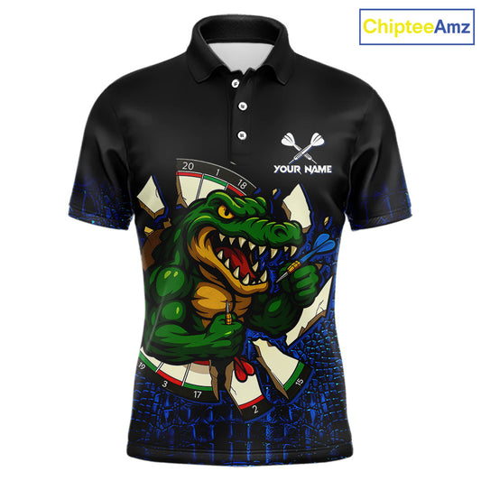 Black and Blue Funny Alligator Darts Polo Shirt for Men Featuring a Fun Alligator Design for Dart League Players, Team Competition, and Tournament Events