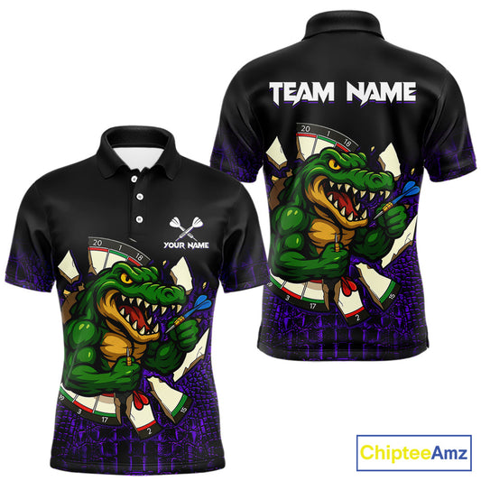 Custom Black and Purple Funny Alligator Darts Polo Shirt for Men Designed for Personalized Darts Team Jerseys with Premium Athletic Performance and Fun Character Artwork