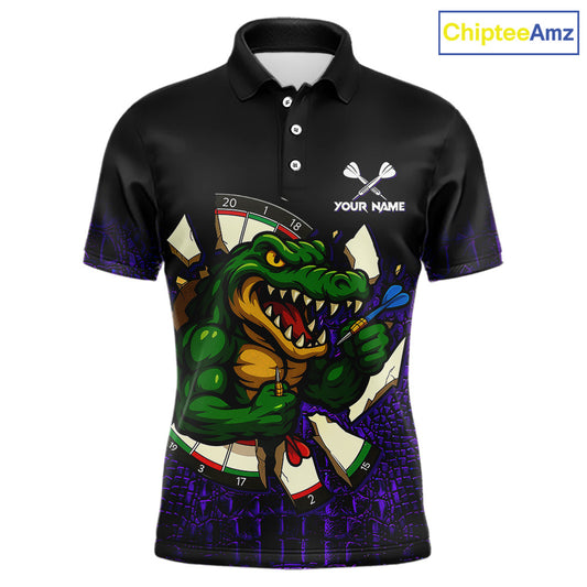 Black and Purple Funny Alligator Darts Polo Shirt for Men Featuring a Humorous Alligator Design for Dart League Players, Team Competition, and Tournament Events