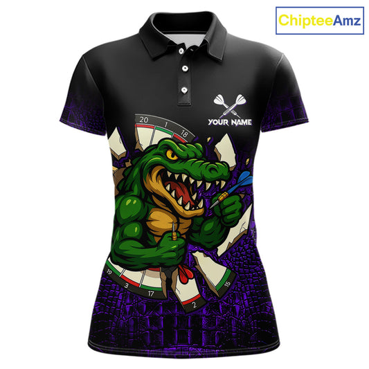 Black and Purple Funny Alligator Darts Polo Shirt for Women Featuring a Humorous Alligator Design for Dart League Players, Team Competition, and Tournament Events