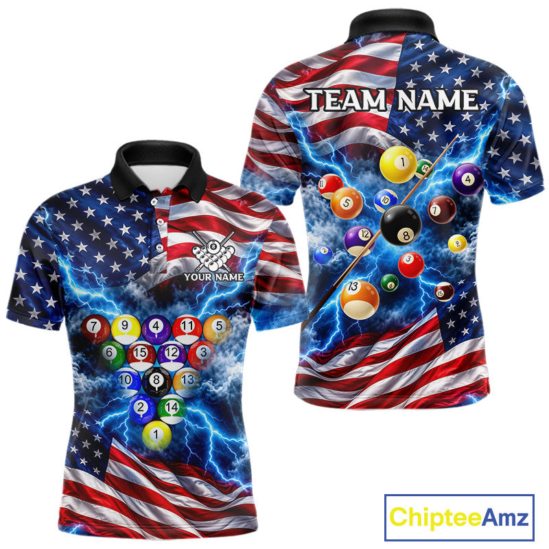 Blue American Flag Lightning Thunder Billiard Jersey For Men Custom Patriotic Pool Team Shirts TDM7771