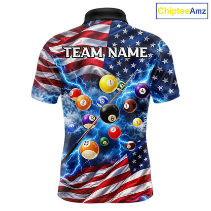 Blue American Flag Lightning Thunder Billiard Jersey For Men Custom Patriotic Pool Team Shirts TDM7771