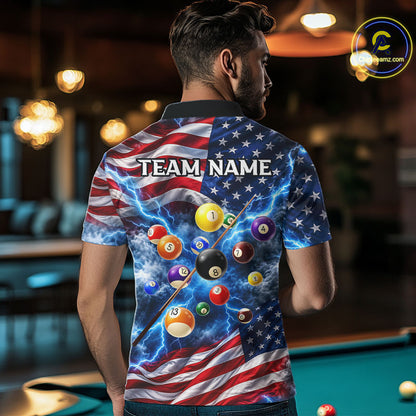 Blue American Flag Lightning Thunder Billiard Jersey For Men Custom Patriotic Pool Team Shirts TDM7771