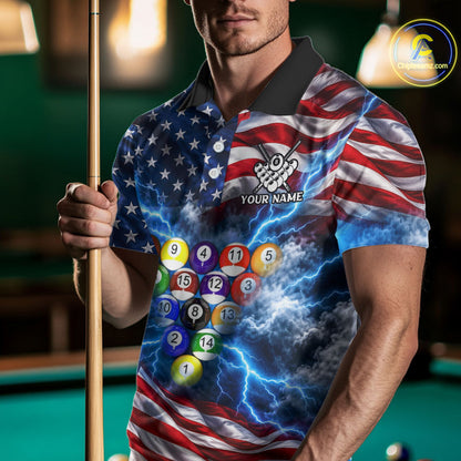 Blue American Flag Lightning Thunder Billiard Jersey For Men Custom Patriotic Pool Team Shirts TDM7771