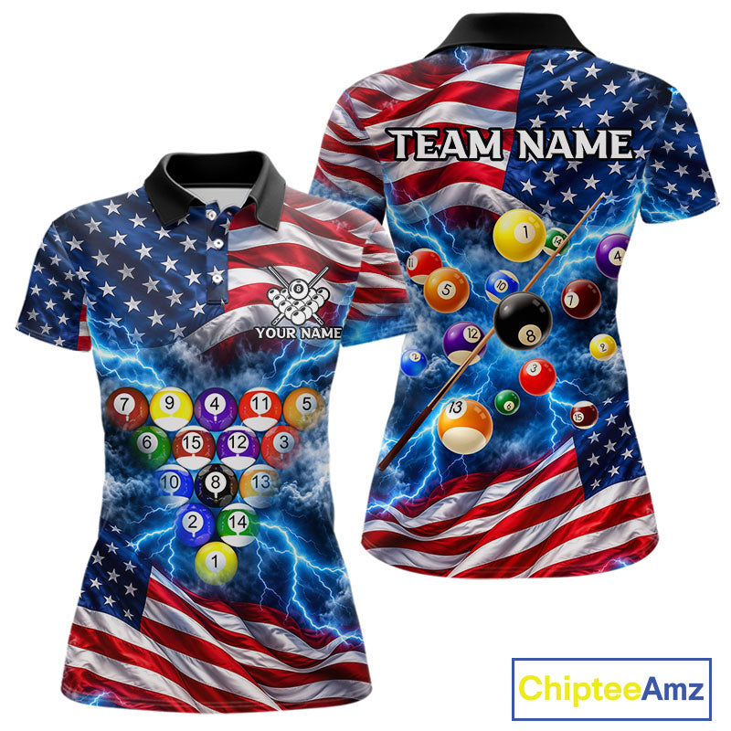 Blue American Flag Lightning Thunder Billiard Jersey For Women Custom Patriotic Pool Team Shirts TDM7771