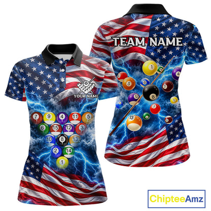 Blue American Flag Lightning Thunder Billiard Jersey For Women Custom Patriotic Pool Team Shirts TDM7771