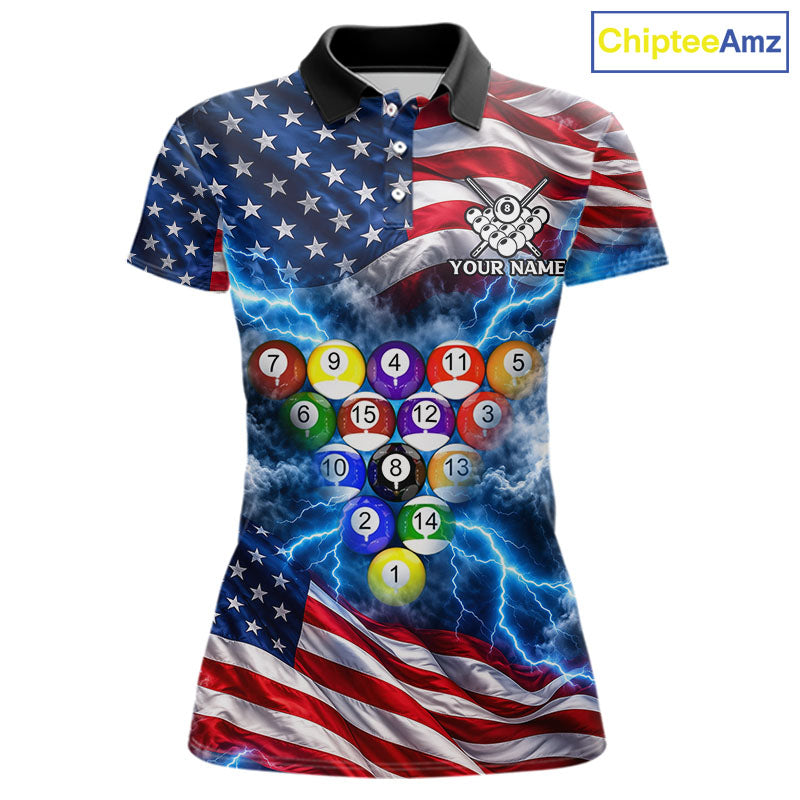 Blue American Flag Lightning Thunder Billiard Jersey For Women Custom Patriotic Pool Team Shirts TDM7771