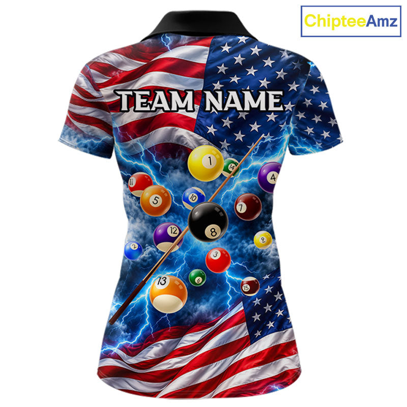 Blue American Flag Lightning Thunder Billiard Jersey For Women Custom Patriotic Pool Team Shirts TDM7771