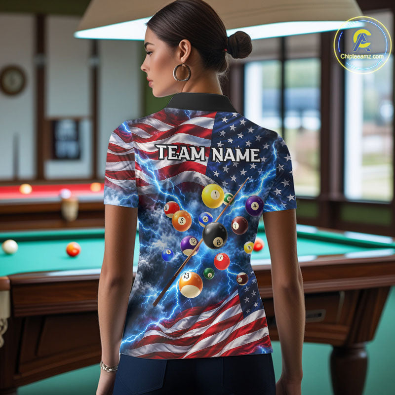 Blue American Flag Lightning Thunder Billiard Jersey For Women Custom Patriotic Pool Team Shirts TDM7771