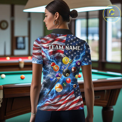 Blue American Flag Lightning Thunder Billiard Jersey For Women Custom Patriotic Pool Team Shirts TDM7771
