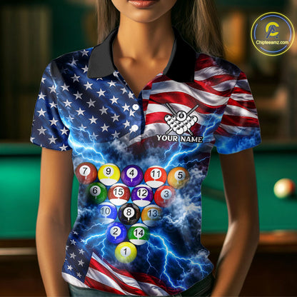 Blue American Flag Lightning Thunder Billiard Jersey For Women Custom Patriotic Pool Team Shirts TDM7771