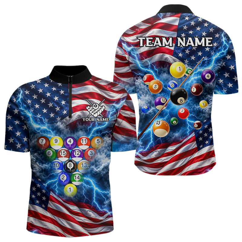 Blue American Flag Lightning Thunder Billiard Jersey For Men Custom Patriotic Pool Team Shirts TDM7771