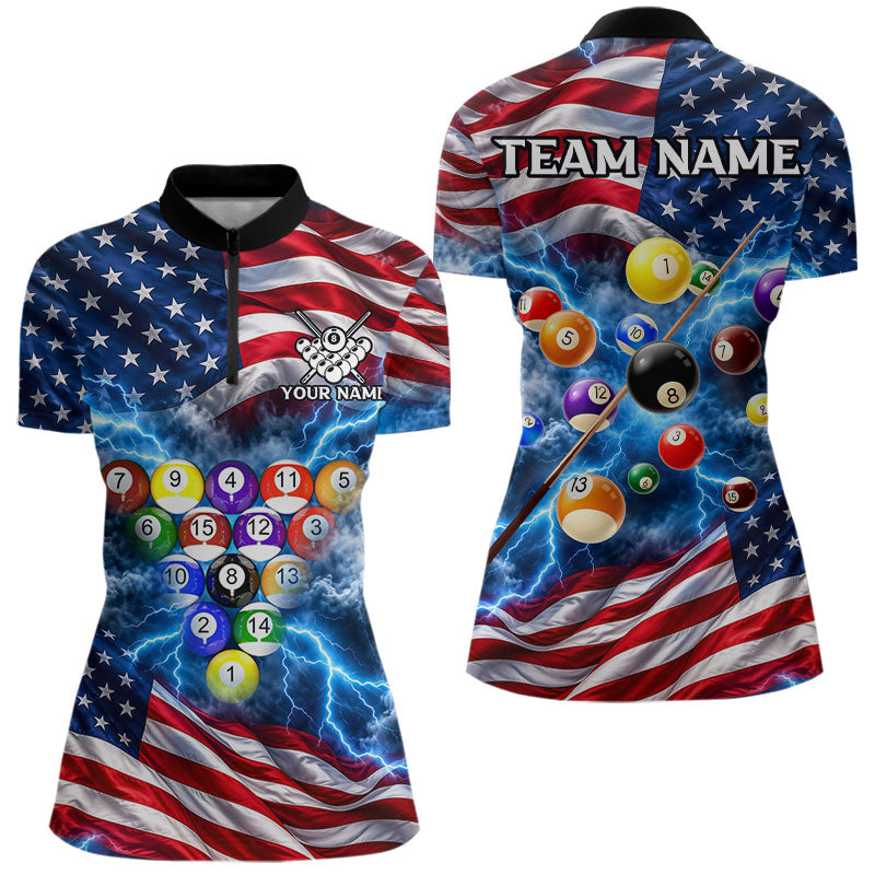 Blue American Flag Lightning Thunder Billiard Jersey For Women Custom Patriotic Pool Team Shirts TDM7771