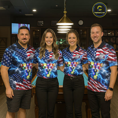 Blue American Flag Lightning Thunder Billiard Jersey For Men Custom Patriotic Pool Team Shirts TDM7771