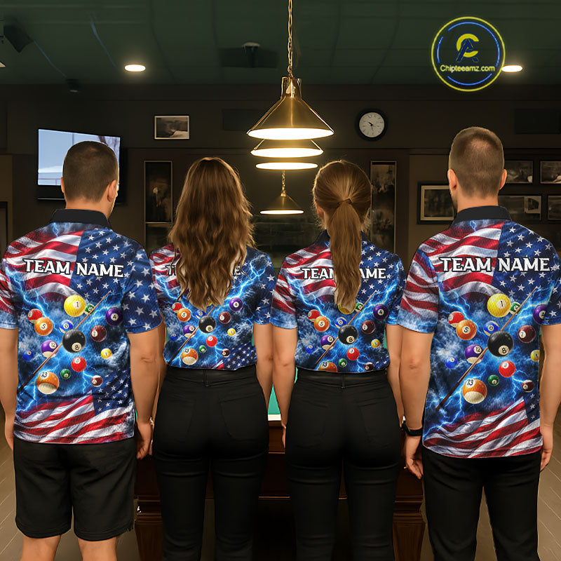 Blue American Flag Lightning Thunder Billiard Jersey For Men Custom Patriotic Pool Team Shirts TDM7771