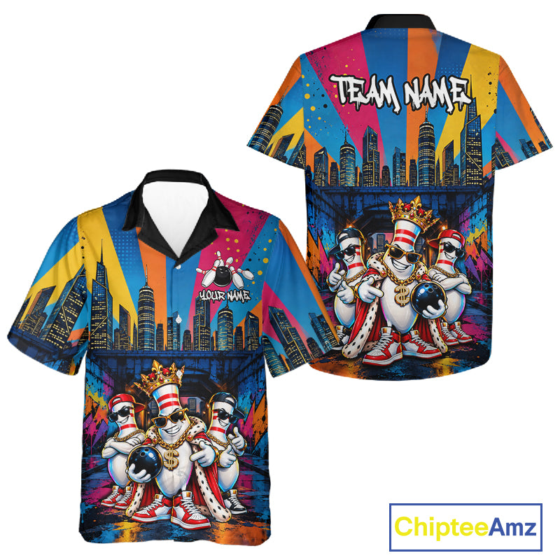 Funny Colorful Hip Hop Crown Bowling Hawaiian Shirt For Men Women Custom Bowling Team Button Up Jersey TDM8109