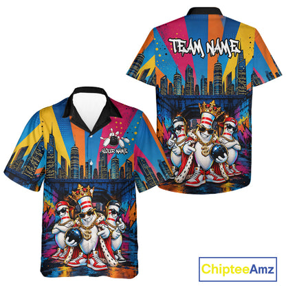 Funny Colorful Hip Hop Crown Bowling Hawaiian Shirt For Men Women Custom Bowling Team Button Up Jersey TDM8109