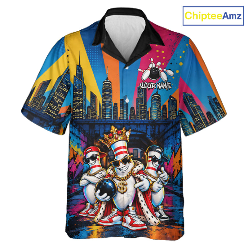 Funny Colorful Hip Hop Crown Bowling Hawaiian Shirt For Men Women Custom Bowling Team Button Up Jersey TDM8109