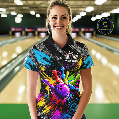 Colorful Paint Splatter Bowling Shirts For Women Custom Grunge Bowling Team Jersey Polo & 1/4 Zip TDM8112