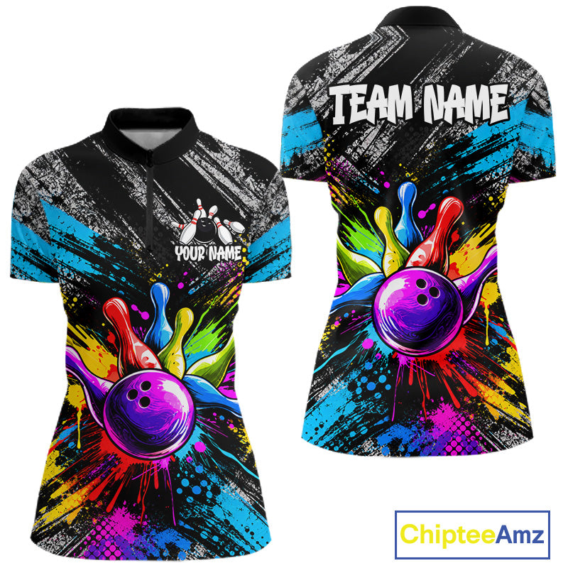 Colorful Paint Splatter Bowling Shirts For Women Custom Grunge Bowling Team Jersey Polo & 1/4 Zip TDM8112
