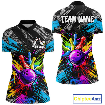 Colorful Paint Splatter Bowling Shirts For Women Custom Grunge Bowling Team Jersey Polo & 1/4 Zip TDM8112
