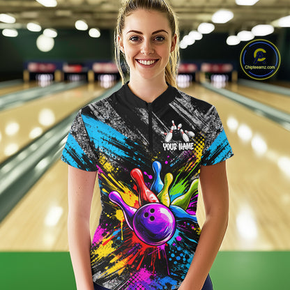 Colorful Paint Splatter Bowling Shirts For Women Custom Grunge Bowling Team Jersey Polo & 1/4 Zip TDM8112