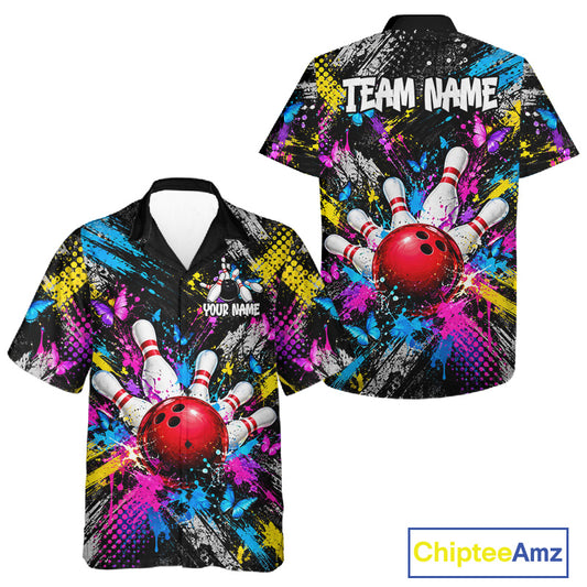 Colorful Butterfly Paint Splatter Bowling Hawaiian Shirt For Men Women Custom Bowling Button Up Jersey TDM8113