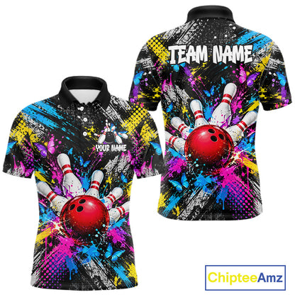 Colorful Butterfly Paint Splatter Bowling Shirts For Men Custom Bowling Team Jersey, Bowling Gifts TDM8113