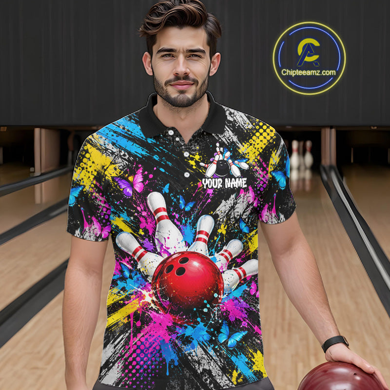 Colorful Butterfly Paint Splatter Bowling Shirts For Men Custom Bowling Team Jersey, Bowling Gifts TDM8113