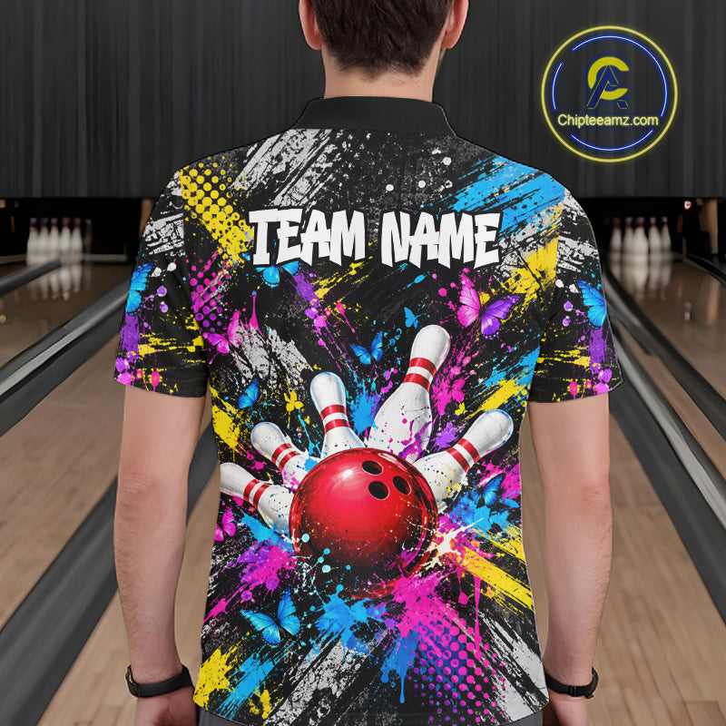 Colorful Butterfly Paint Splatter Bowling Shirts For Men Custom Bowling Team Jersey, Bowling Gifts TDM8113