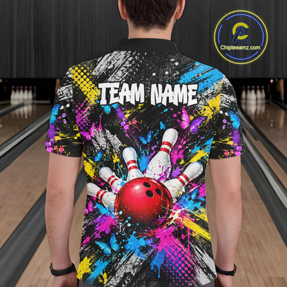Colorful Butterfly Paint Splatter Bowling Shirts For Men Custom Bowling Team Jersey, Bowling Gifts TDM8113