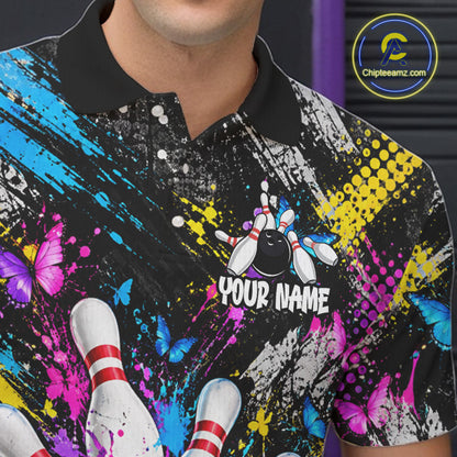 Colorful Butterfly Paint Splatter Bowling Shirts For Men Custom Bowling Team Jersey, Bowling Gifts TDM8113