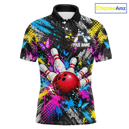 Colorful Butterfly Paint Splatter Bowling Shirts For Men Custom Bowling Team Jersey, Bowling Gifts TDM8113
