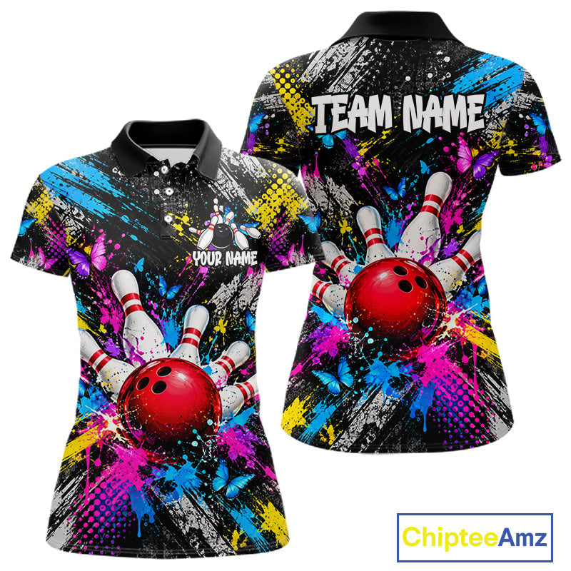 Colorful Butterfly Paint Splatter Bowling Shirts For Women Custom Bowling Team Jersey, Bowling Gifts TDM8113