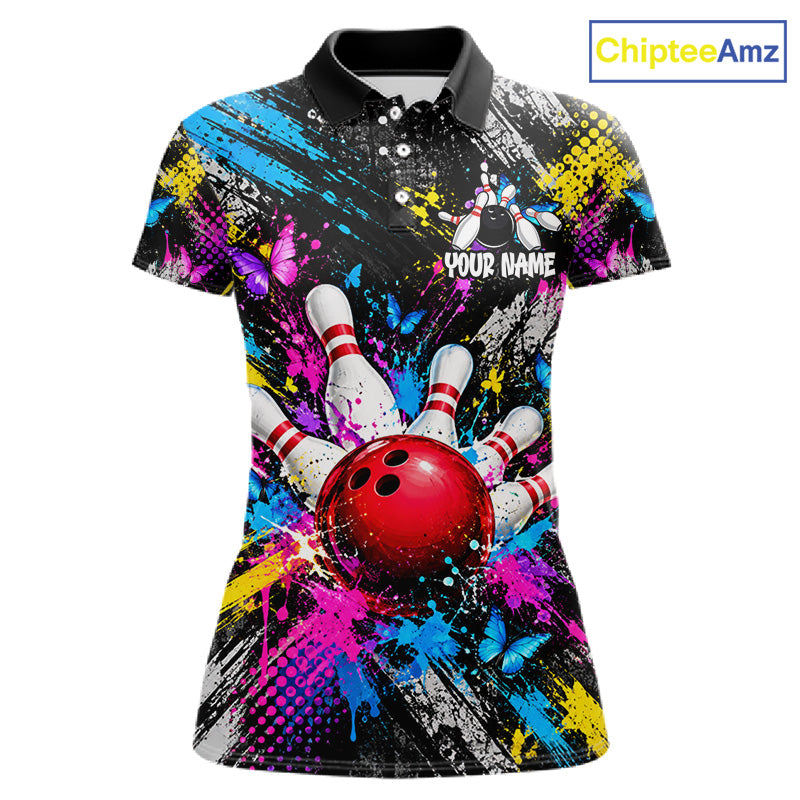 Colorful Butterfly Paint Splatter Bowling Shirts For Women Custom Bowling Team Jersey, Bowling Gifts TDM8113