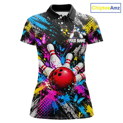 Colorful Butterfly Paint Splatter Bowling Shirts For Women Custom Bowling Team Jersey, Bowling Gifts TDM8113
