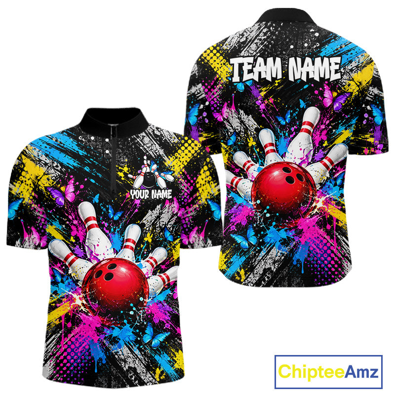 Colorful Butterfly Paint Splatter Bowling Shirts For Men Custom Bowling Team Jersey, Bowling Gifts TDM8113