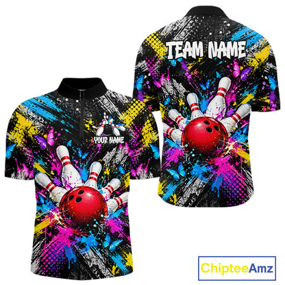 Colorful Butterfly Paint Splatter Bowling Shirts For Men Custom Bowling Team Jersey, Bowling Gifts TDM8113