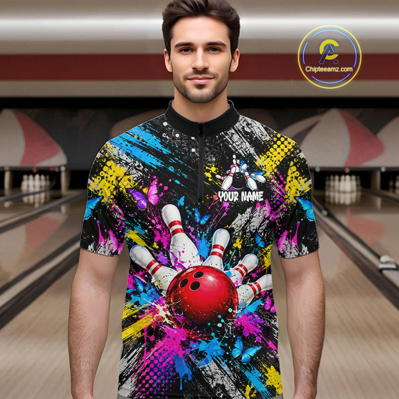 Colorful Butterfly Paint Splatter Bowling Shirts For Men Custom Bowling Team Jersey, Bowling Gifts TDM8113