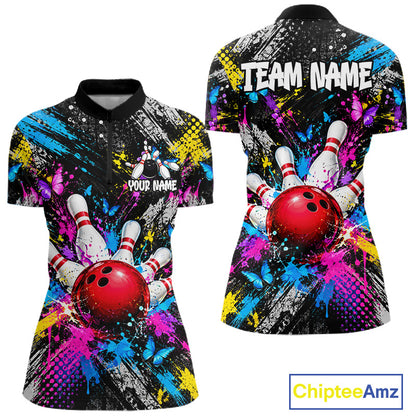 Colorful Butterfly Paint Splatter Bowling Shirts For Women Custom Bowling Team Jersey, Bowling Gifts TDM8113